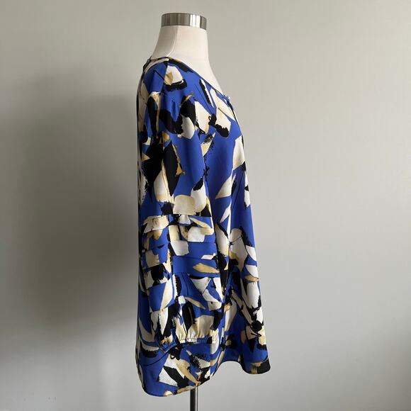 Ashley Stewart Geometric Career Work Wear Blouse Blue Tiered Sleeves 14/16W - Picture 6 of 8
